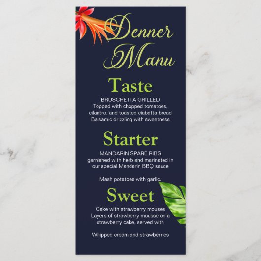 Tropische bladeren en bloemen bruiloft menu (Voorkant)