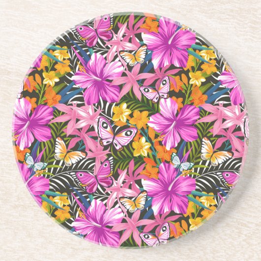 Tropische bladeren en bloemen zandsteen onderzetter (Voorkant)