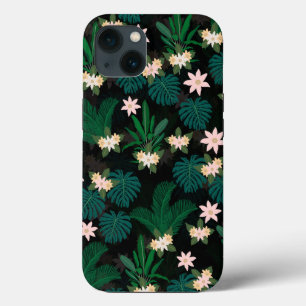 Tropische bladeren en bloemen - zwart patroon iPhone 13 hoesje