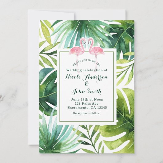 Tropische bladeren en flamingo's bruiloft uitnodig kaart (Voorkant)