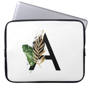 Tropische bladeren Faux Gold Foil Letter A Monogra Laptop Sleeve