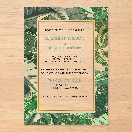 tropische bladeren gouden groene botanische bruilo acryl uitnodigingen (Voorkant)