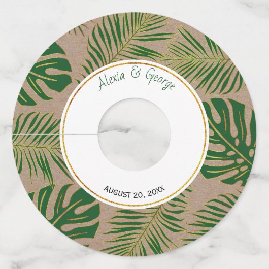 Tropische bladeren groen en goud rustieke bruiloft wijnglaslabel (Voorkant)