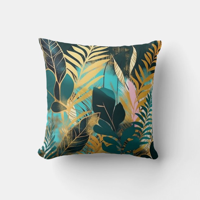 Tropische bladeren Groene gouden Roze Modern Kussen (Voorkant)