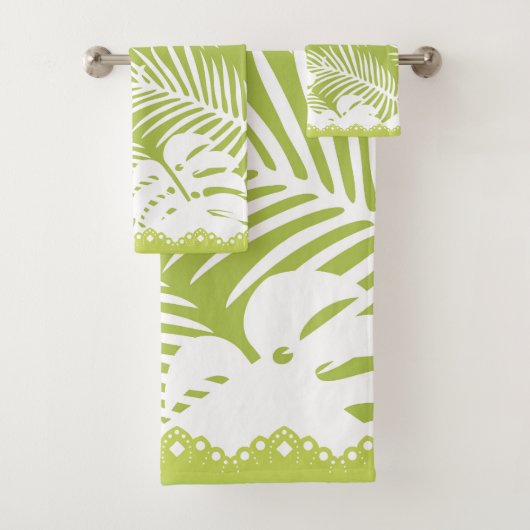 Tropische bladeren Groene witte Fancy Trim Bad Handdoek (Insitu)