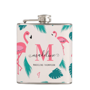 Tropische Bladeren Heet Roze Flamingo Modern Monog Heupfles