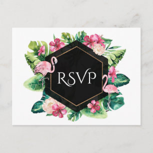 Tropische bladeren Hibiscus Flamingos Wedding RSVP Uitnodiging Briefkaart