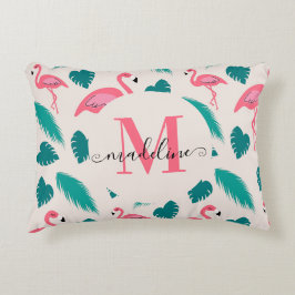 Tropische bladeren Hot Pink Flamingo Modern Monogr Accent Kussen