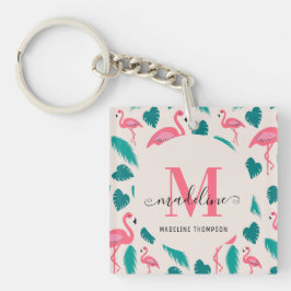 Tropische bladeren Hot Pink Flamingo Modern Monogr Sleutelhanger