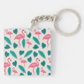 Tropische bladeren Hot Pink Flamingo Modern Monogr Sleutelhanger (Achterkant)