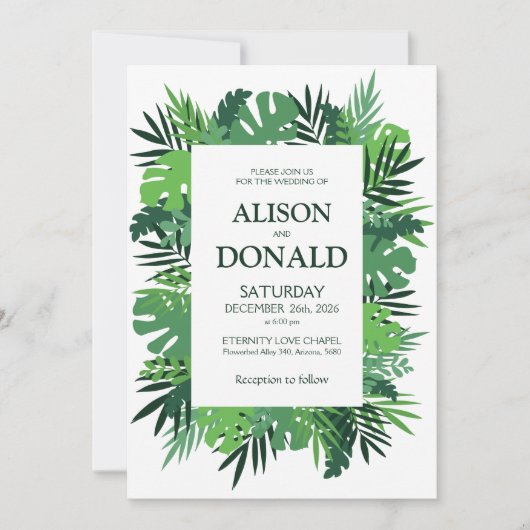 Tropische bladeren palmbladerbladeren bloembruilof kaart (Voorkant)
