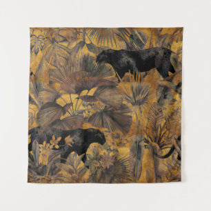 Tropische bladeren, panther en orchidee. Naadloze Wandkleed