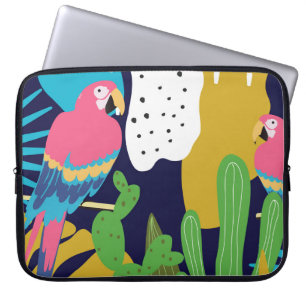 Tropische bladeren, papegaaien: zomer achtergrond. laptop sleeve