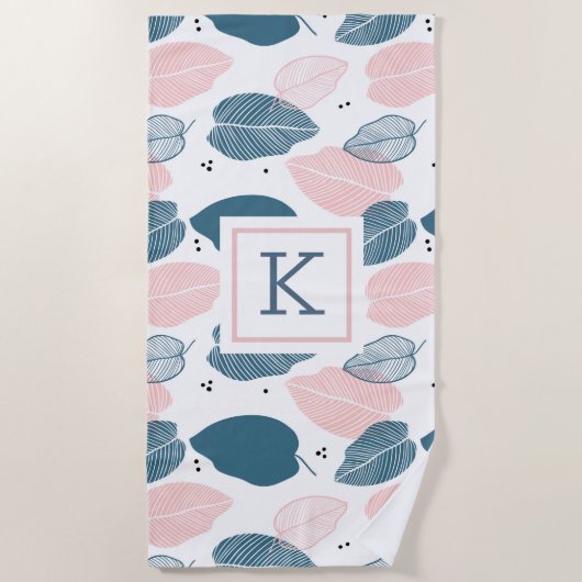 Tropische bladeren patroon roze blauw en wit strandlaken (Voorkant)