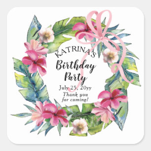 Tropische bladeren Pink Floral Birthday Party Vierkante Sticker