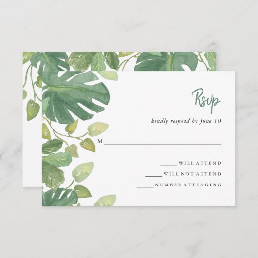 Tropische bladeren | Reactie op groene en witte br RSVP Kaartje (Voorkant / Achterkant)