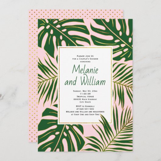 Tropische bladeren roze bruidspaar shower kaart (Voorkant / Achterkant)