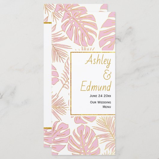 Tropische bladeren roze en goud bruiloft menukaart (Voorkant / Achterkant)