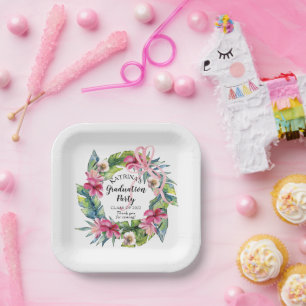 Tropische bladeren Roze Floral Graduy Party Papieren Bordje