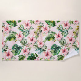 Tropische bladeren roze Hibiscus bloemig Strandlaken