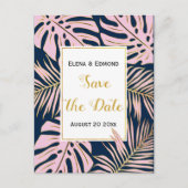 Tropische bladeren roze, marineschandbruiloft Spar Aankondigingskaart (Voorkant)