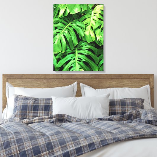 Tropische bladeren Splitleaf Philodendron, groen Canvas Afdruk (Insitu (Slaapkamer))