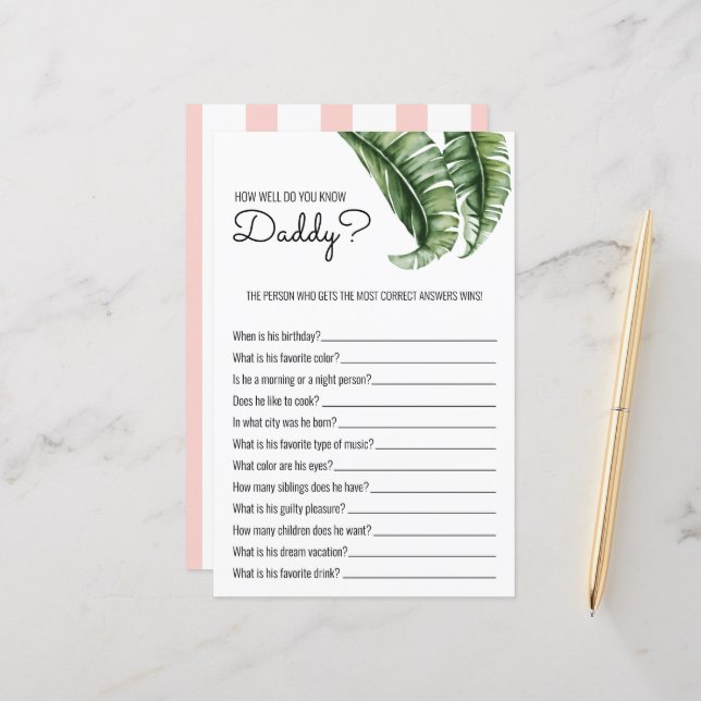 Tropische bladeren/strepen Baby shower spel (Voorkant / Achterkant in situ)