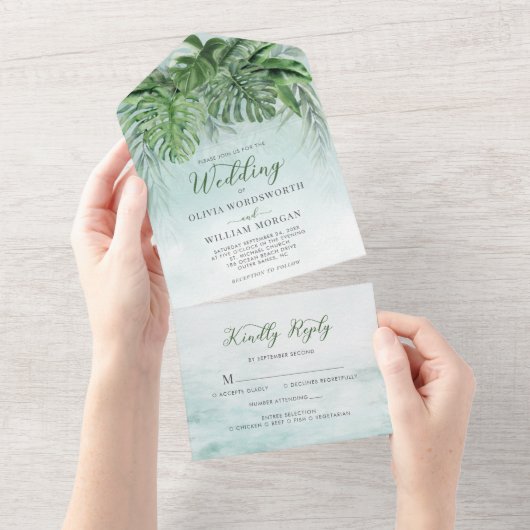 Tropische bladeren Waterverf Greenery Beach Weddin All In One Uitnodiging (Afscheurbaar)