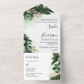 Tropische bladzijden groen en gouden bruiloft all in one uitnodiging (Binnen)