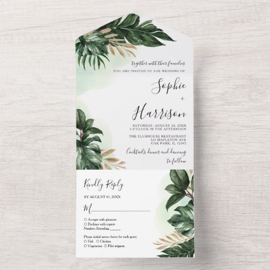 Tropische bladzijden groen en gouden bruiloft all in one uitnodiging (Binnen)