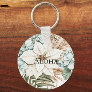 Tropische Blau Witte Bloemen Bruiloft Sleutelhanger