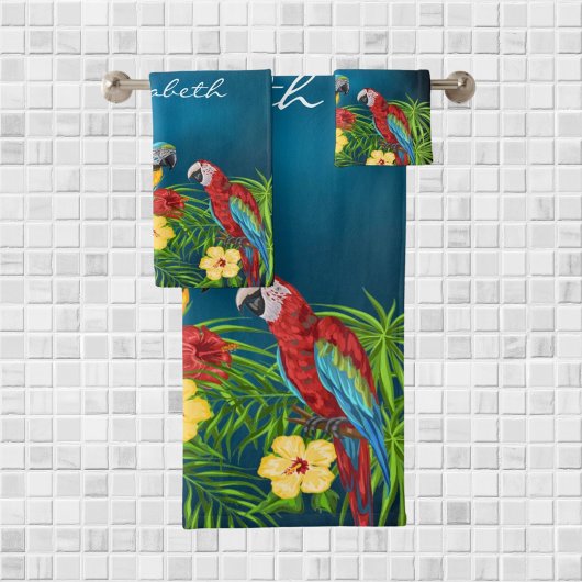 Tropische blauwe hemelparrots bladeren zomernaam bad handdoek