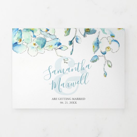 Tropische blauwe orchidee drivoudig huwelijk uitno drieluik uitnodiging (Cover)