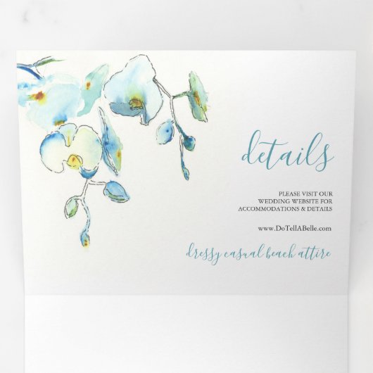 Tropische blauwe orchidee drivoudig huwelijk uitno drieluik uitnodiging (Binnenzijde eerst)