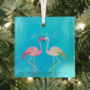 Tropische blauwgroen waterverf Monogram roze flami Glas Ornament