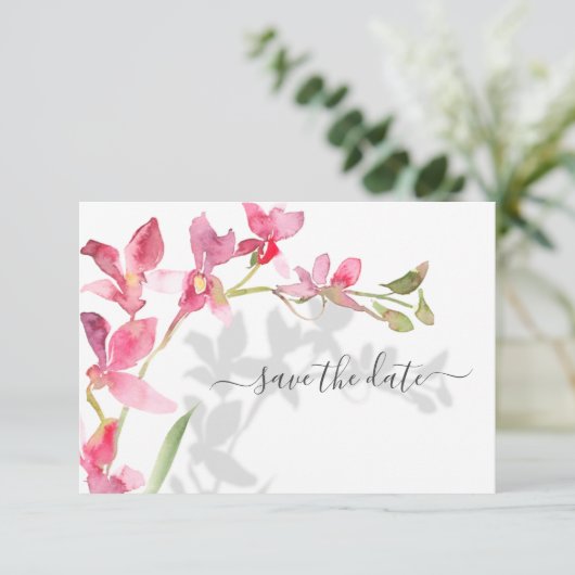 Tropische bleekroze orchideeën met schaduwen save the date (Staand voorkant)