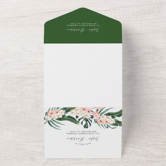 Tropische blindroze orchidee Waterverf bruiloft All In One Uitnodiging (Buitenkant)