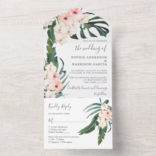 Tropische blindroze orchidee Waterverf bruiloft All In One Uitnodiging (Binnen)