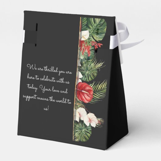 Tropische bloem en bladeren donkere bruiloft bedankdoosjes (Achterkant)
