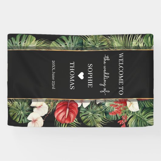 Tropische bloem en bladeren donkere bruiloft spandoek (Horizontaal)