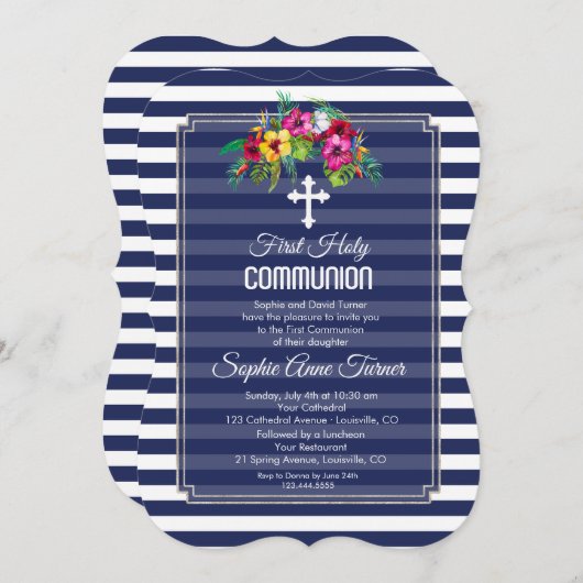 Tropische bloem Luau Navy Eerste Heilige Communie Kaart (Voorkant / Achterkant)