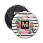 tropische bloembladeren en flamingos strepen button flesopener (Voorkant)