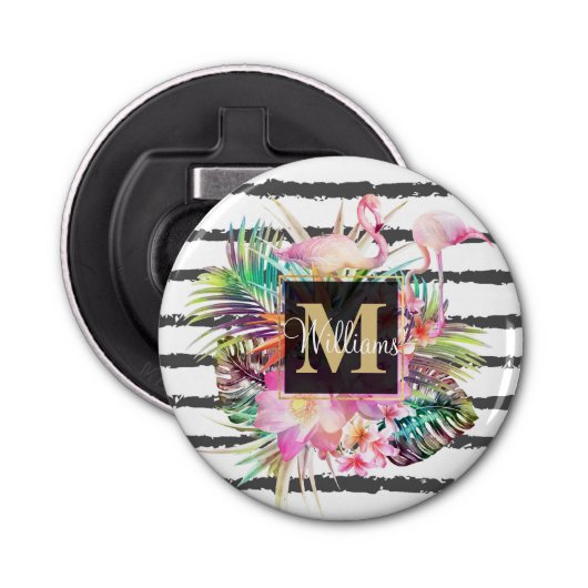 tropische bloembladeren en flamingos strepen button flesopener (Voorkant)