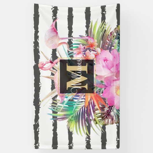 tropische bloembladeren en flamingos strepen spandoek (Verticaal)