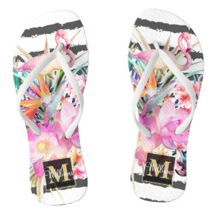 tropische bloembladeren en flamingos strepen teenslippers