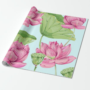 Tropische bloemen, bladeren, roze lotus, waterleli cadeaupapier