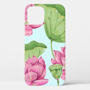 Tropische bloemen, bladeren, roze lotus, waterleli iPhone 12 hoesje