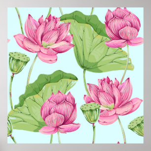 Tropische bloemen, bladeren, roze lotus, waterleli poster