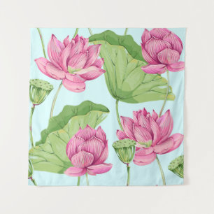 Tropische bloemen, bladeren, roze lotus, waterleli wandkleed