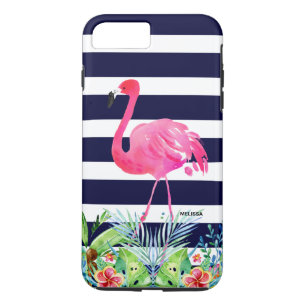 Tropische bloemen blauwe strepen & roze flamingo 	iPhone 8 plus / 7 plus hoesje